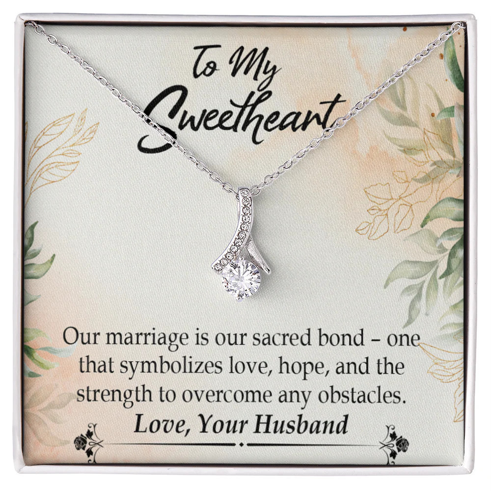 To My Wife Our Sacred Marriage Bond Ribbon Necklace Silver Tone Standard Box
